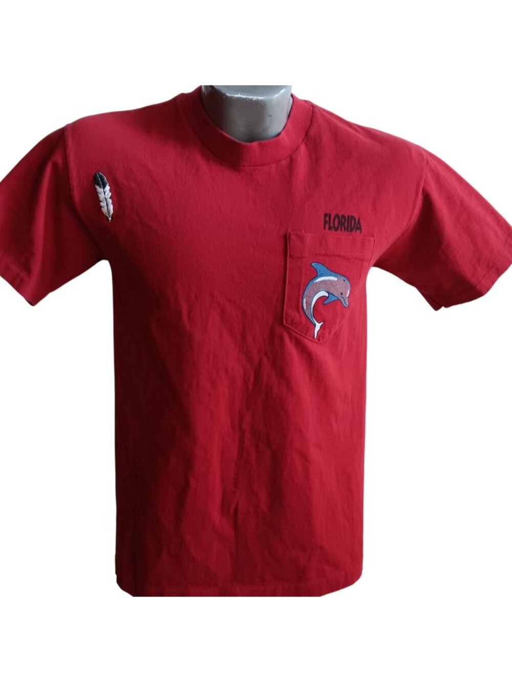 True Vintage T-shirt Small Single Stitch Dolphin 1980's Florida Red Pocket USA